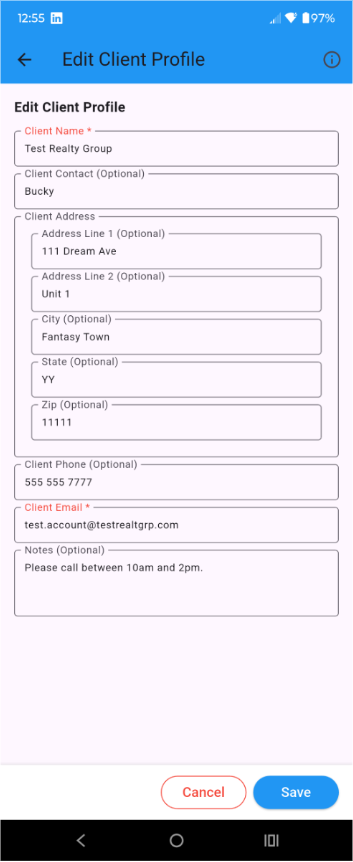 Client Profile Screen