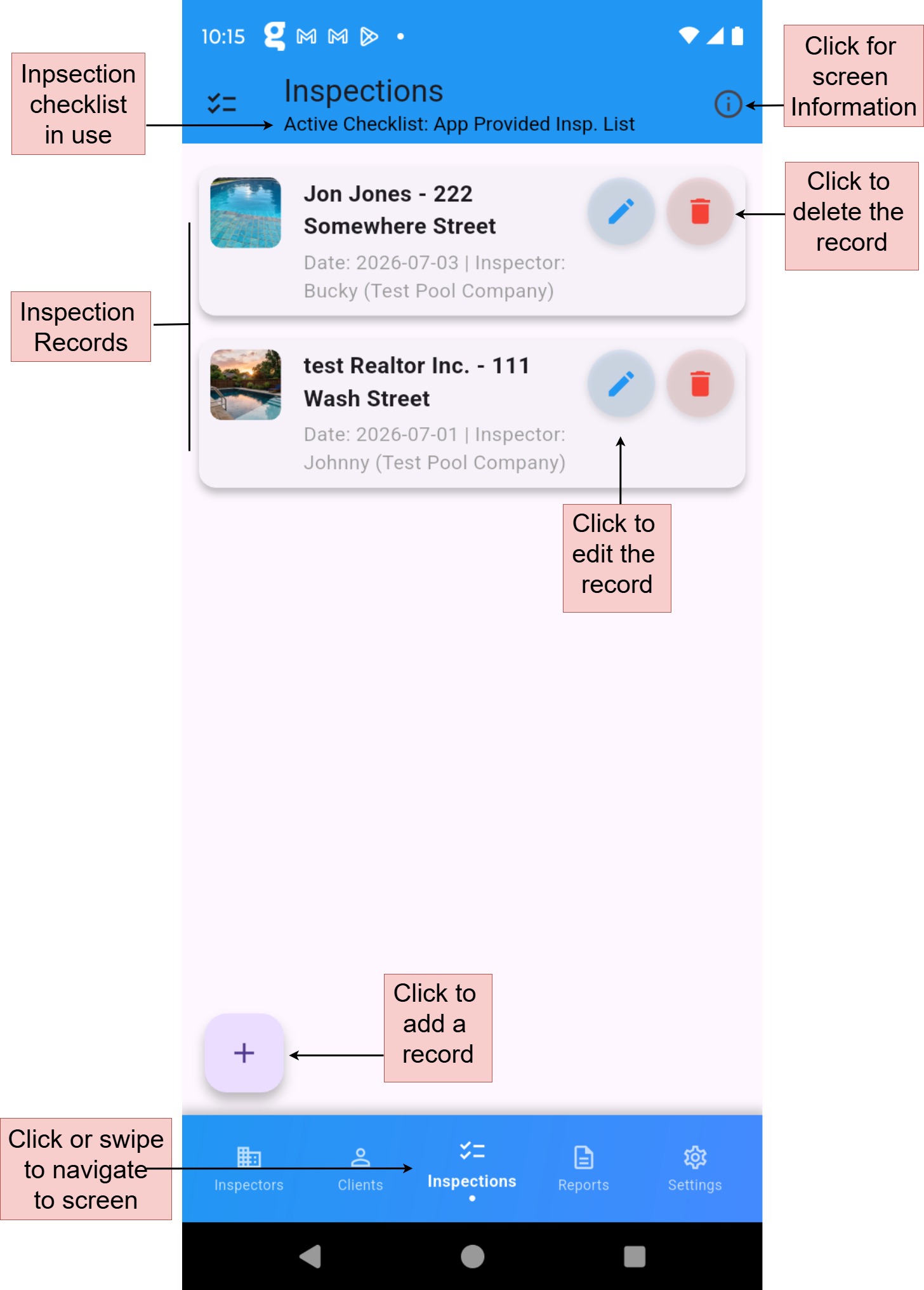 Inspections Screen